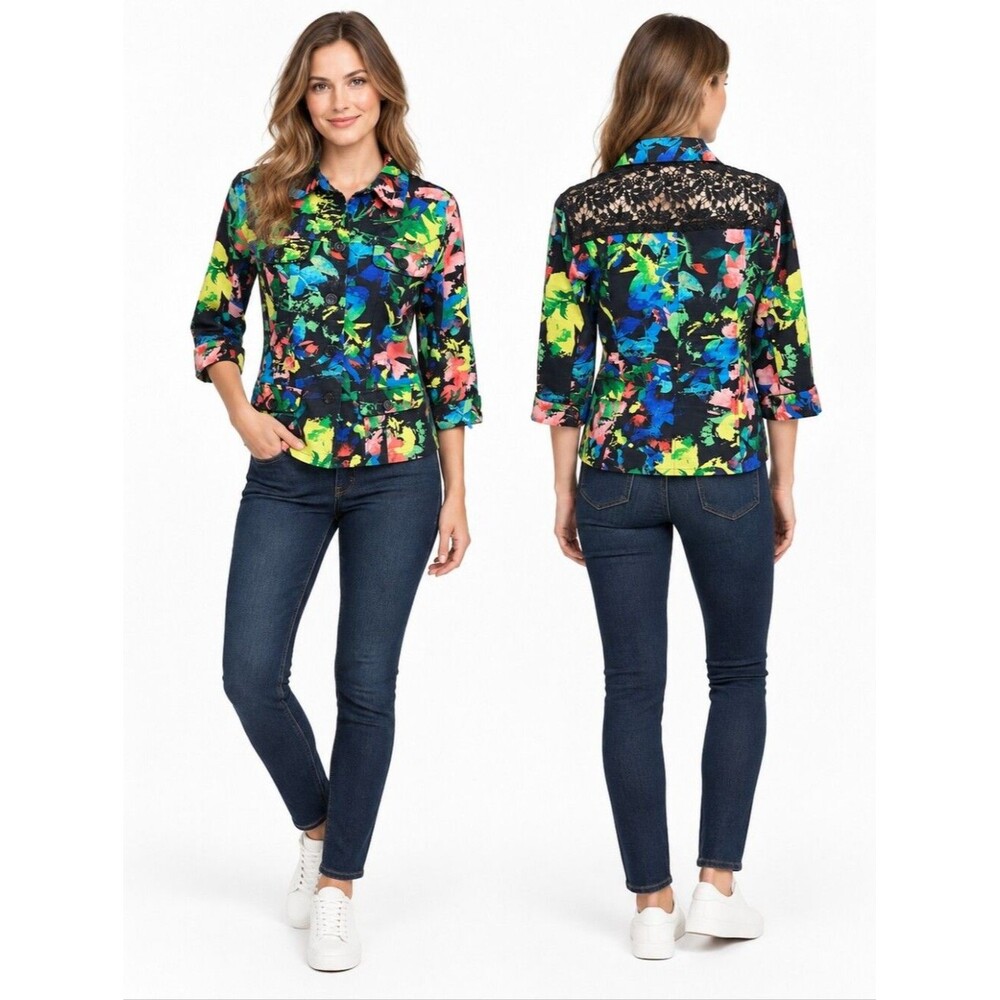 EUC Erin London women's floral lace back 97% cotton button down jacket coat, M